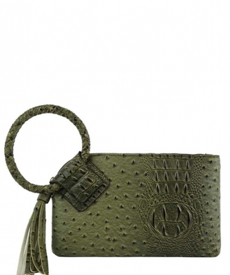 Ostrich Croc Handcuff Tassel Wristlet Clutch JYV0374 OLIVE